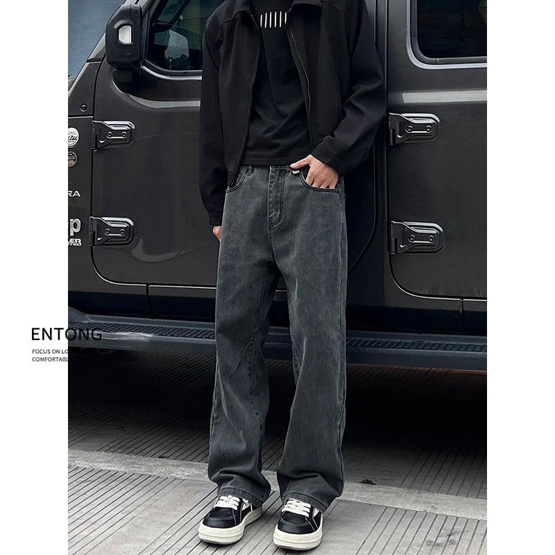 Entong美式复古直筒微喇牛仔裤男款街头潮牌越洋黑宽松伐木工装裤