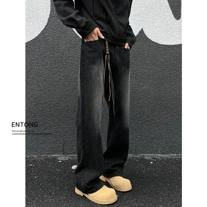 Entong美式高街vibe黑色牛仔裤男生潮牌百搭cleanft显瘦微喇长裤