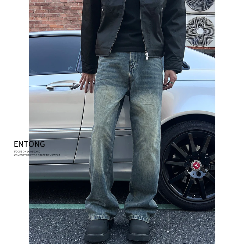 Entong美式高街vibe猫须水洗直筒牛仔裤男宽松做旧复古微喇阔腿裤