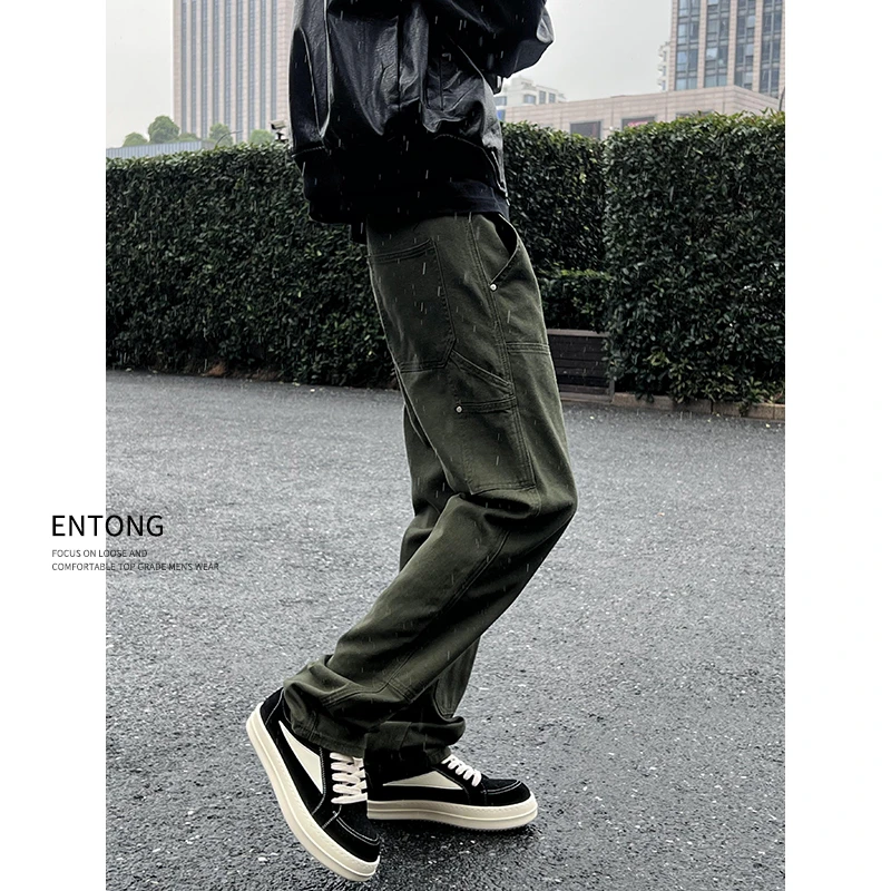 Entong美式军绿色工装牛仔裤男生潮流百搭cleanfit伐木裤宽松长裤