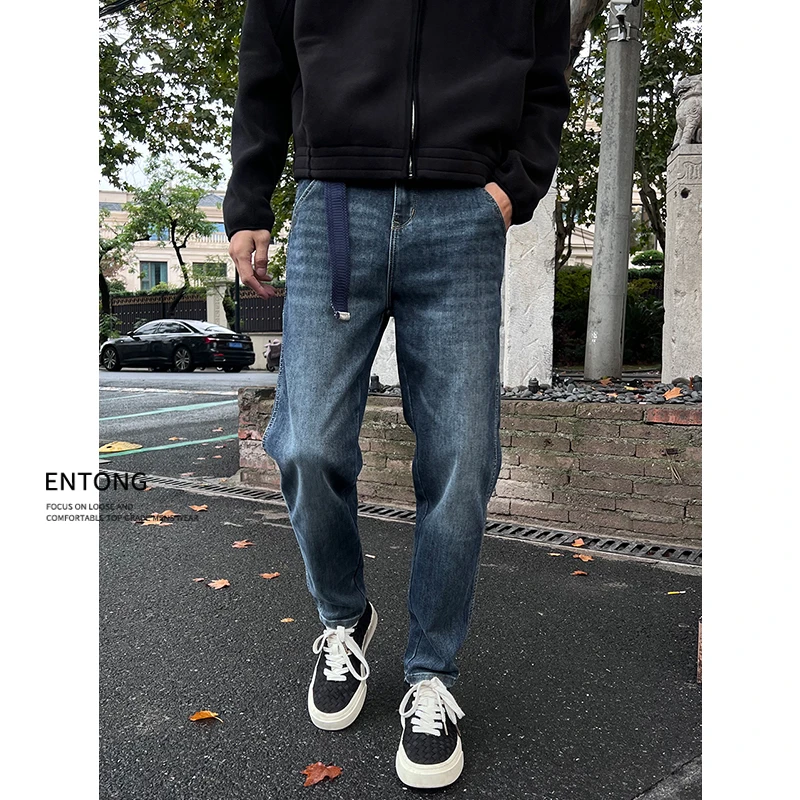 Entong美式高端潮牌痞帅复古牛仔裤男宽松直筒百搭微弹力锥形裤子