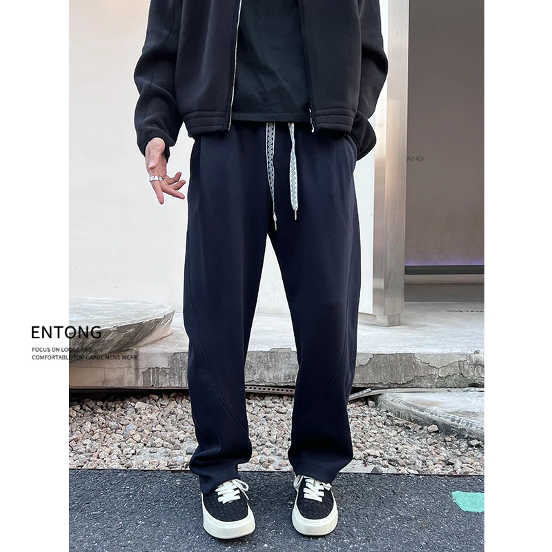 Entong蓝色美式弯刀卫裤男士潮牌针织运动裤子百搭休闲宽松运动裤