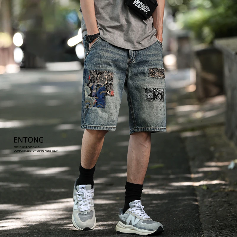 Entong痞帅贴布刺绣牛仔短裤男士潮牌宽松五分裤夏季薄款五分中裤