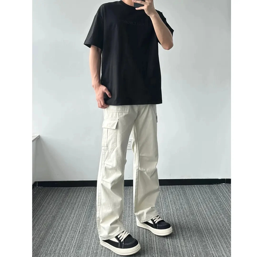 Entong米白色多口袋伞兵工装裤男款秋季美式潮流大码休闲直筒裤子
