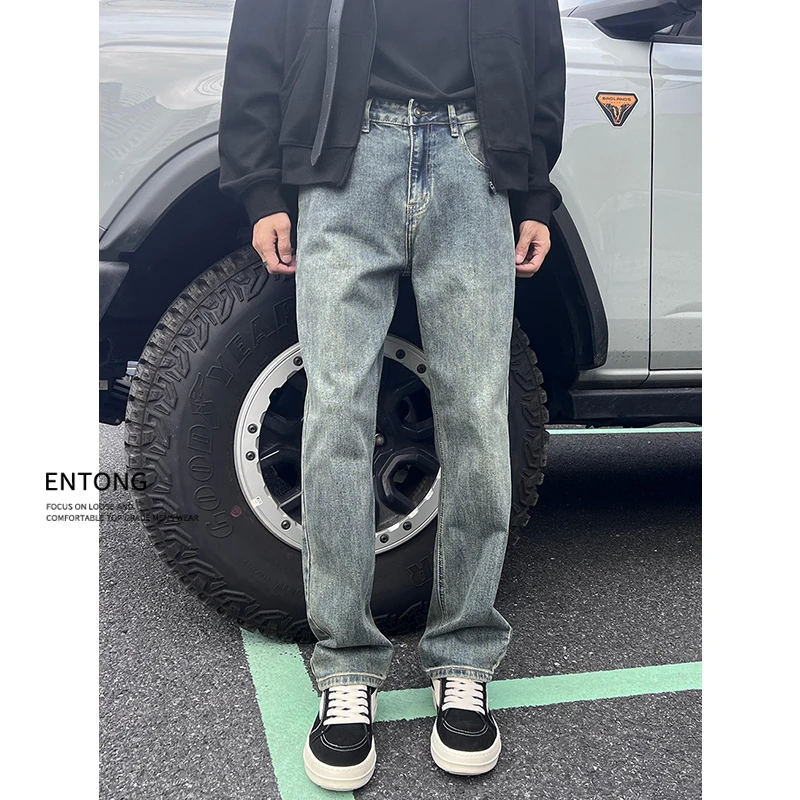 Entong美式高街cleanfit水洗微弹牛仔裤男宽松直筒堆积感vibe裤子
