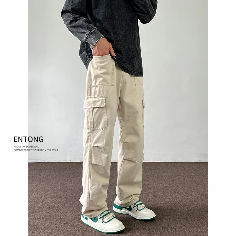 Entong春秋款伞兵工装裤男生美式高街潮牌宽松直筒户外休闲裤长裤
