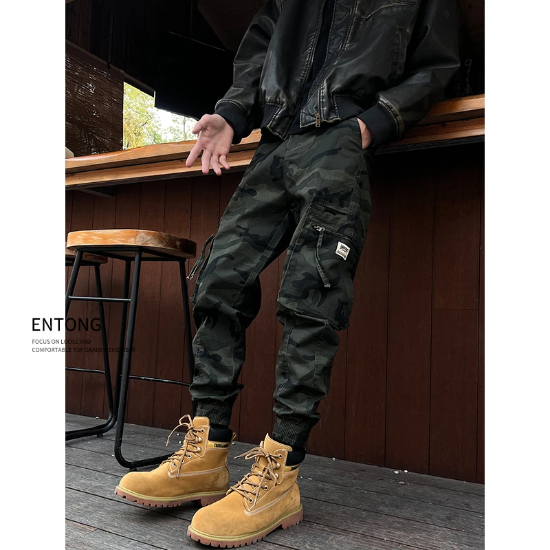 Entong美式迷彩工装裤男士春季搭配马丁靴裤子设计感束脚休闲长裤