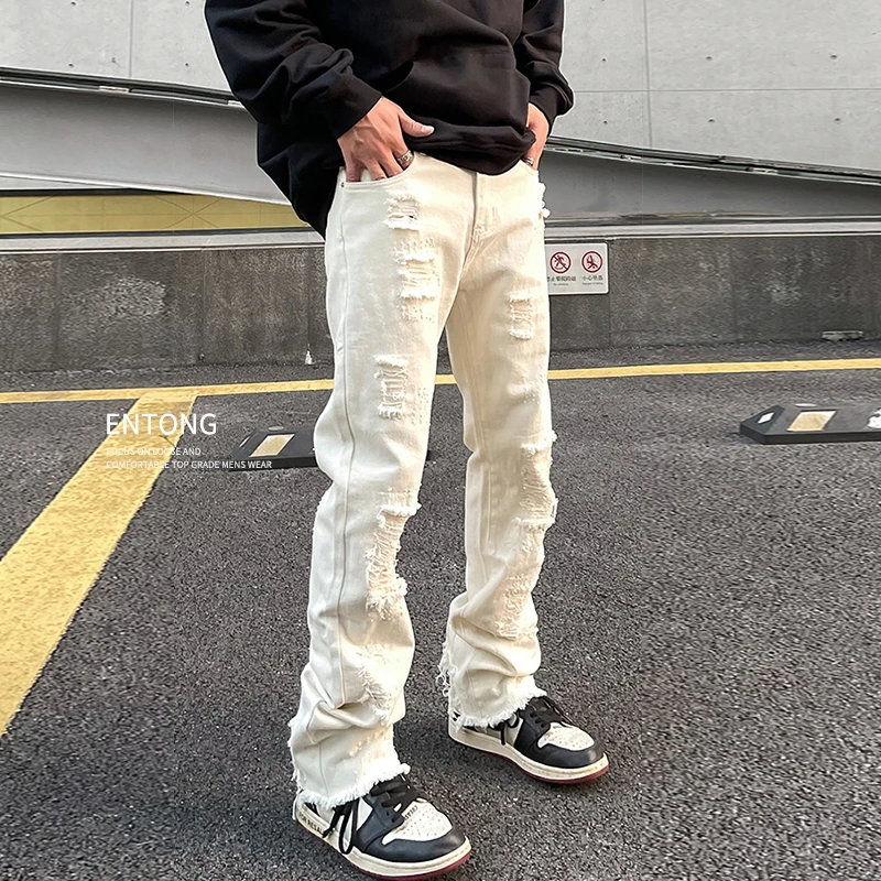 新款美式vibe毛边假破洞牛仔裤男款潮牌高街直筒微喇叭裤子男