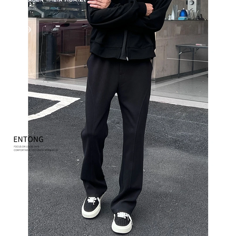 Entong秋冬加绒美式cleanfit斜切休闲裤男款黑色直筒宽松运动卫裤