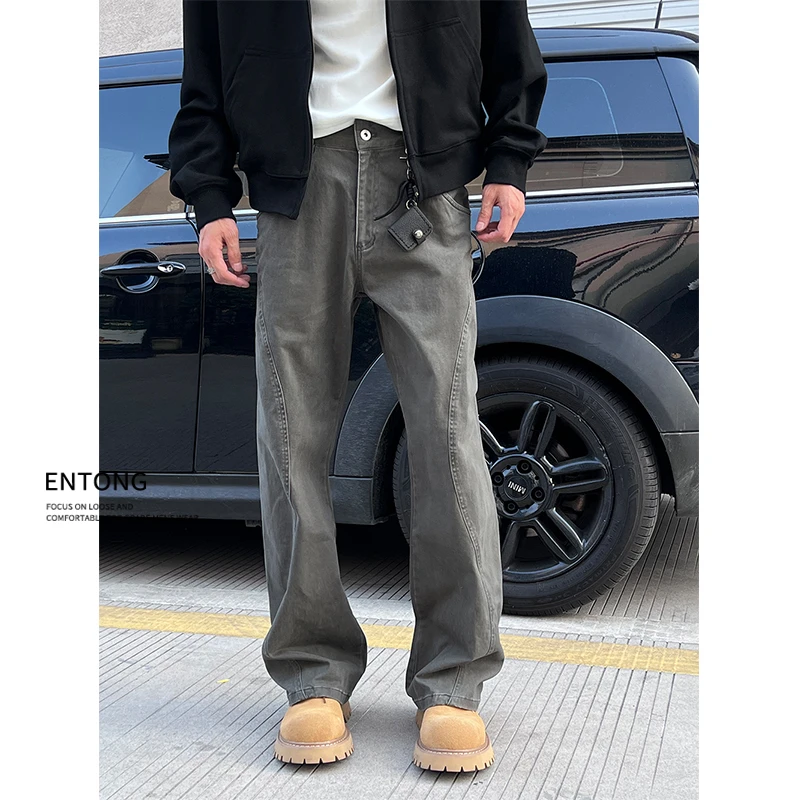 Entong美式cleanfit工装裤男潮牌秋冬加绒休闲牛仔裤vibe弯刀长裤