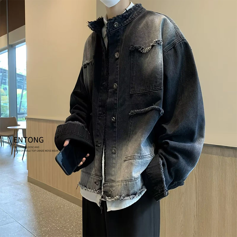 设计感小众毛边牛仔外套男款春秋季ins高街潮牌复古渐变宽松夹克