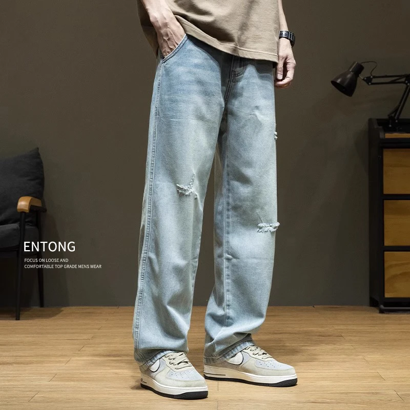 莱赛尔天丝破洞大码牛仔裤男士夏季美式高街复古休闲宽松直筒长裤