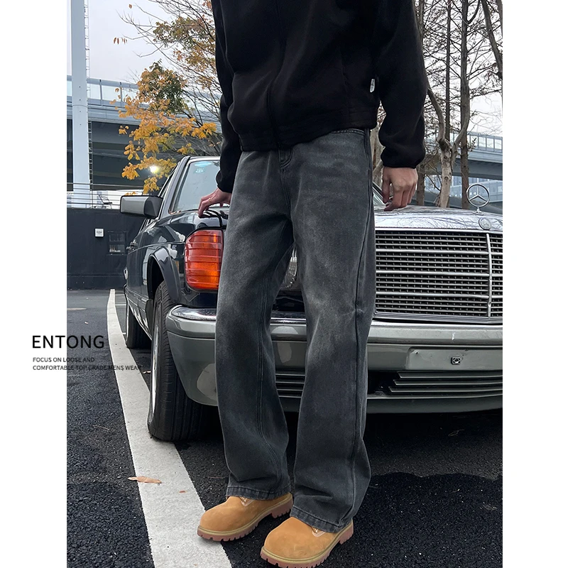 Entong美式高街cleanfit牛仔裤男生高级感黑灰色宽松直筒休闲长裤