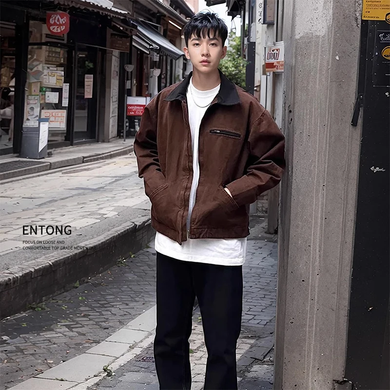 秋冬底特律工装翻领夹克男美式复古cleanfit外套男款撞色痞帅男装