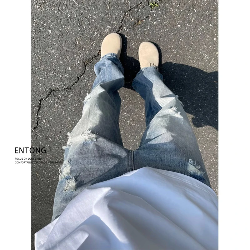 Entong蓝色破洞牛仔裤男款夏季设计感水洗裤子美式高街vibe微喇裤