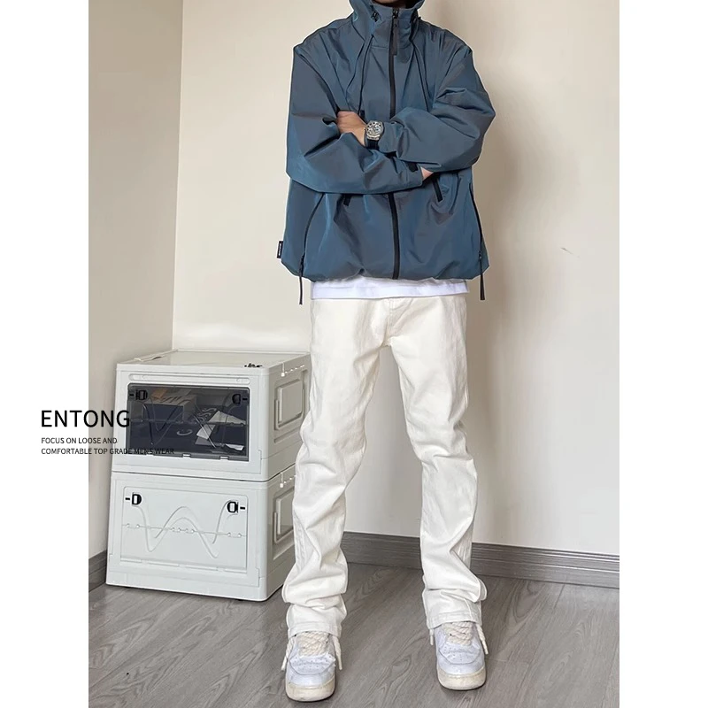 美式vibe裤子高街弹力白色牛仔裤男修身显瘦hiphop直筒休闲裤男款