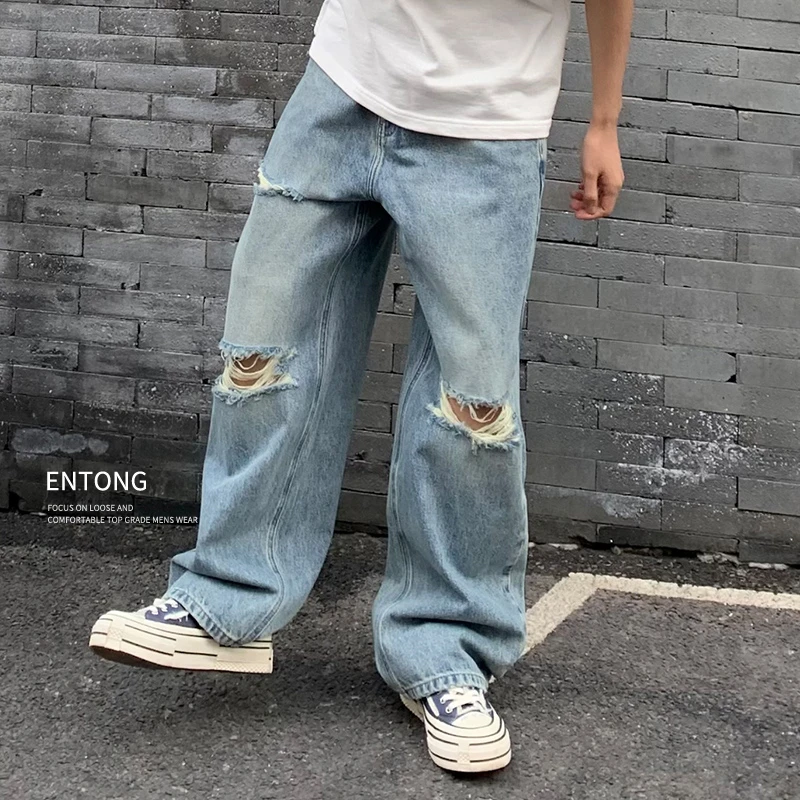 美式潮牌街头男士破洞牛仔裤浅色春夏季高街百搭宽松痞帅直筒裤子