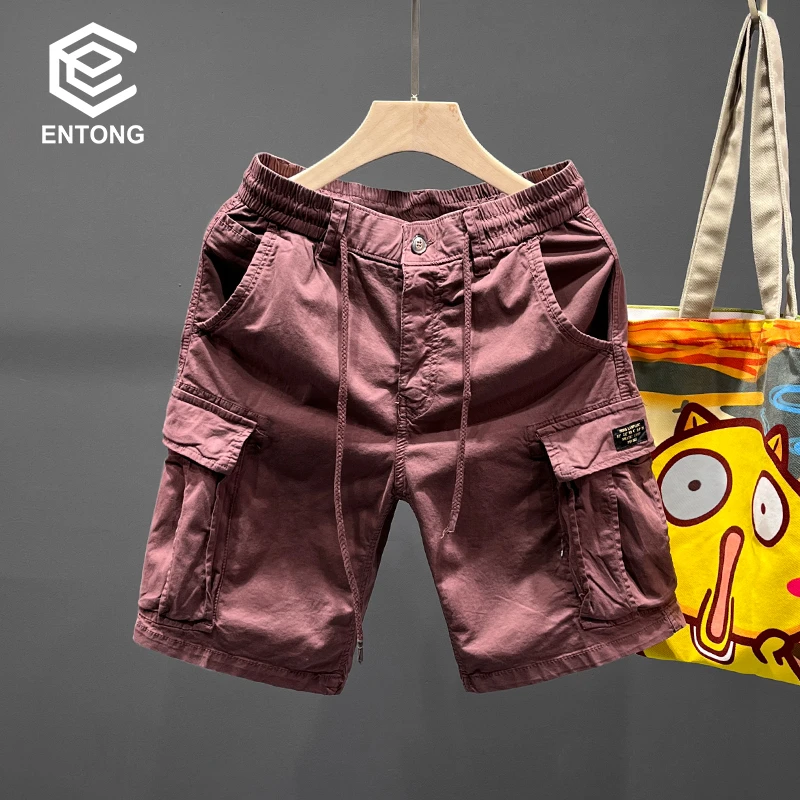 紫红色日系工装短裤男款爆款2024新款宽松五分裤多口袋中裤男夏季