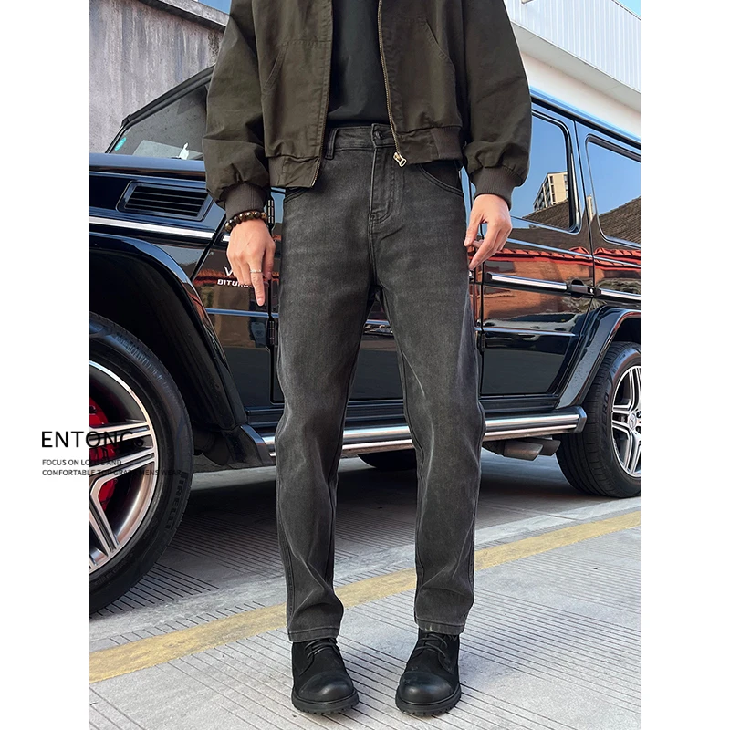 Entong美式高端潮牌黑灰直筒牛仔裤男时尚立体修身显瘦小脚牛仔裤