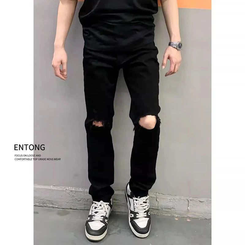 Entong美式破洞牛仔裤男款大码直筒修身vibe裤子潮牌高街休闲长裤