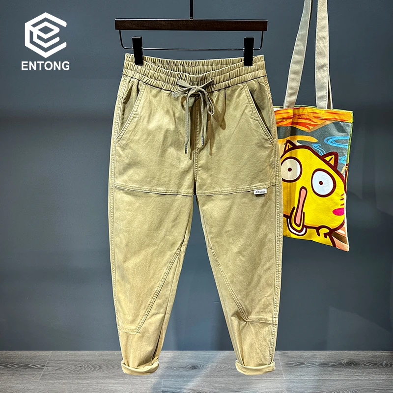 松紧腰系绳弹力休闲裤男款宽松小脚春秋季工装裤潮牌美式痞帅裤子