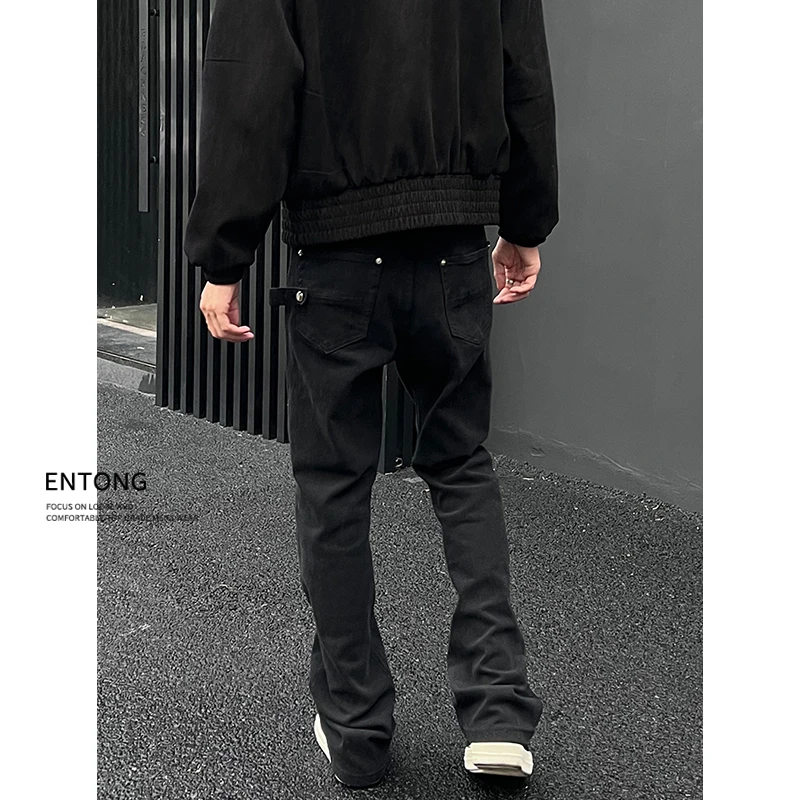 Entong美式高街cleanfit黑色牛仔裤男生直筒微喇显瘦大码vibe裤子