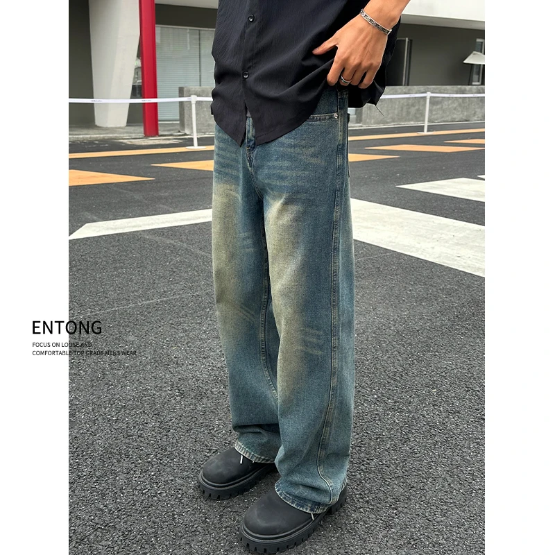 Entong欧美vibe风水洗做旧复古牛仔裤男款潮牌高街宽松直筒阔腿裤