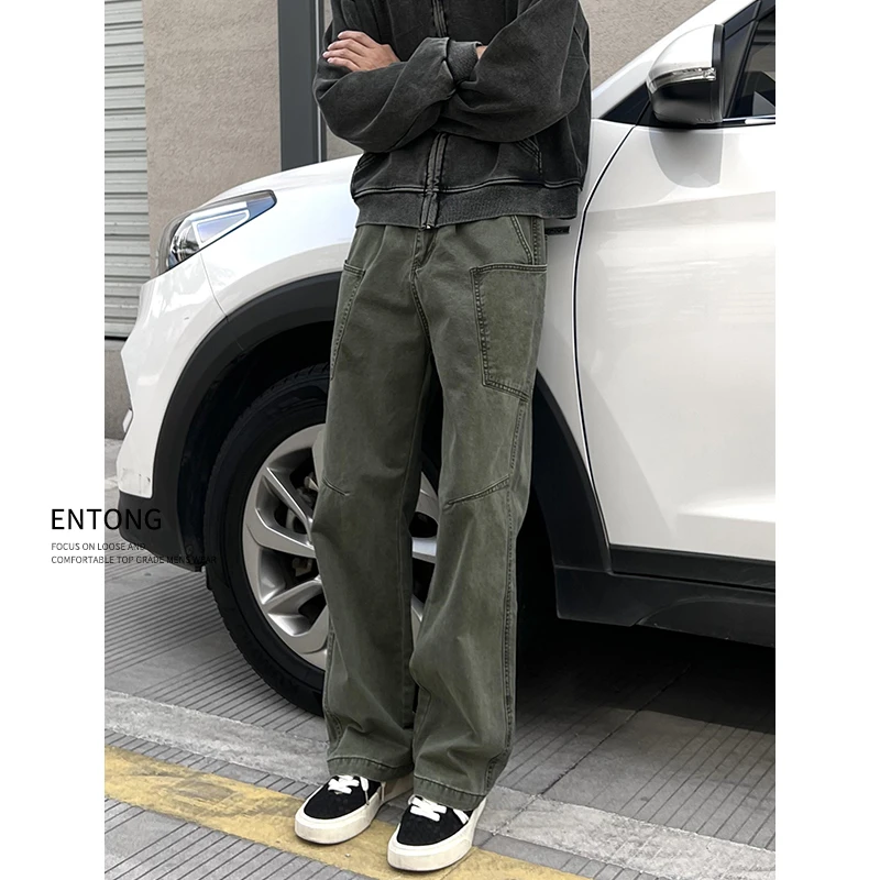Entong美式cleanfit复古军绿工装裤男女同款设计感百搭休闲裤子男