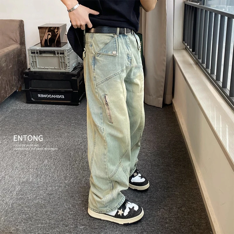 美式高街水洗拉链牛仔裤男款宽松直筒vibe裤子欧美复古阔腿拖地裤