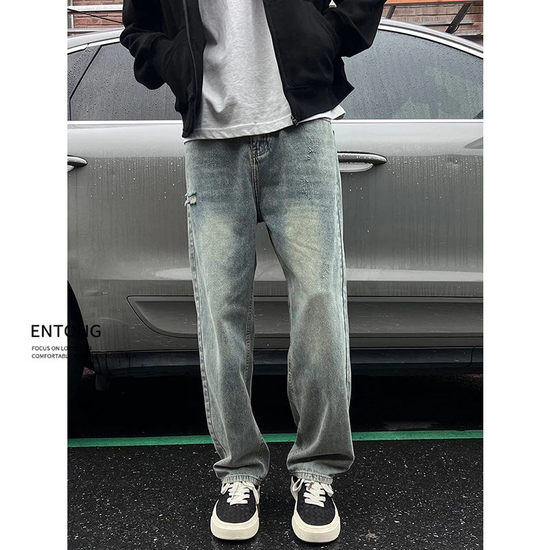 Entong美式做旧牛仔裤男复古vintage直筒宽松休闲裤潮ins破洞裤子