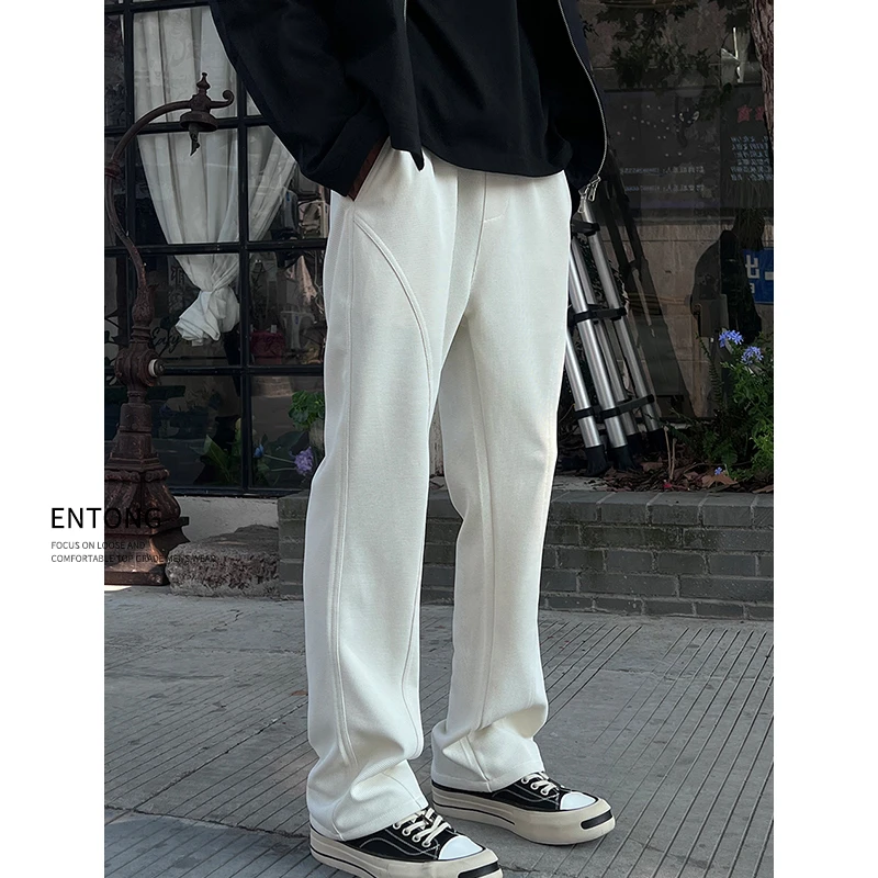 Entong美式白色cleanfit斜切休闲裤男款高级感穿搭直筒宽松卫裤男