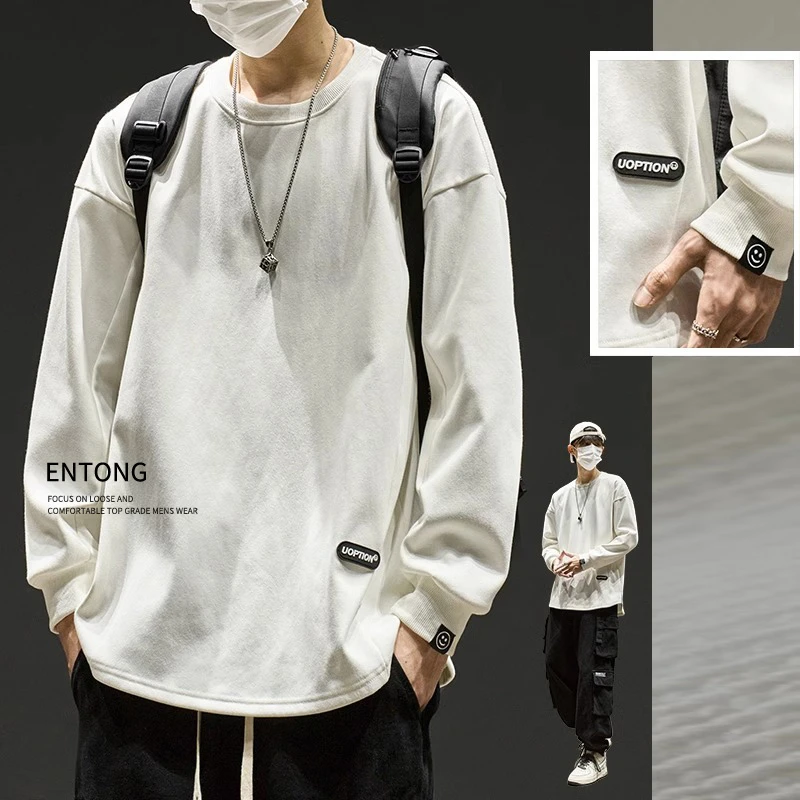 圆领卫衣男春秋款重磅纯棉长袖t恤男生美式潮牌内搭打底上衣秋季