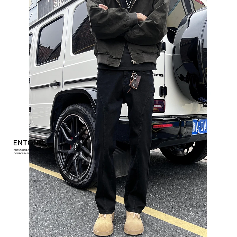 Entong美式高街斜切牛仔裤男款潮流黑色百搭弹力cleanfit直筒裤子