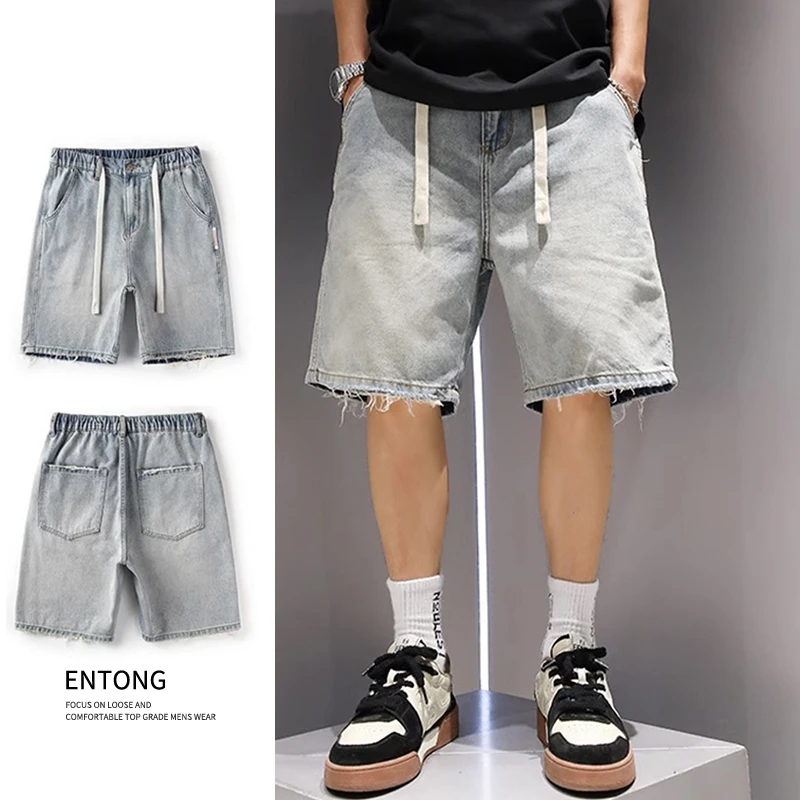 夏季男士宽松浅蓝色牛仔短裤韩版休闲百搭高级感潮流大码五分裤