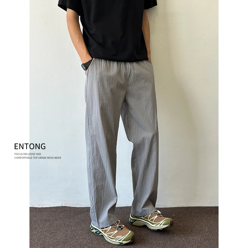Entong灰色泡泡格裤子男夏季美式潮牌垂感休闲裤高级感痞帅直筒裤