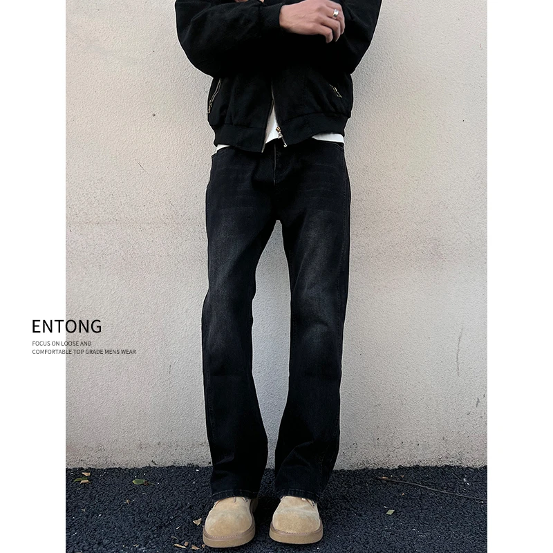 Entong美式高街vibe水洗黑色牛仔裤男春秋复古街头直筒微喇长裤子