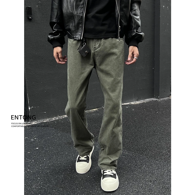 Entong美式复古灰绿色直筒牛仔裤男生春秋潮牌宽松大码休闲长裤子