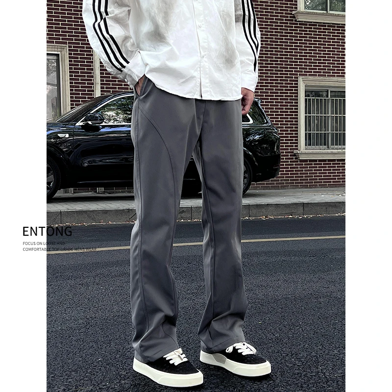 Entong美式斜切休闲裤男士春秋季百搭抽绳卫裤男垂感微喇长裤子男