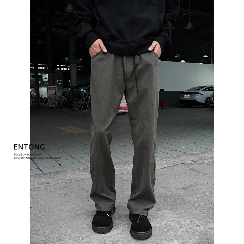Entong潮牌美拉德休闲裤男款大码雅丹风宽松直筒裤美式松紧腰裤子