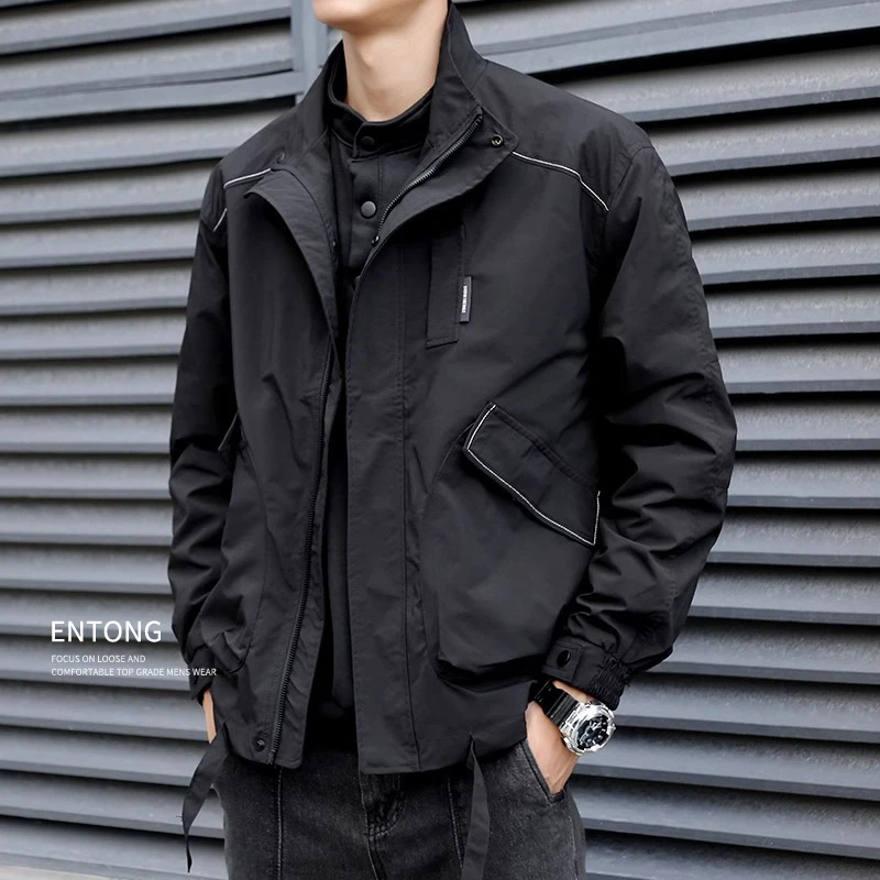 潮牌夹克外套男2023春秋季新款潮流宽松立领运动休闲黑色工装上衣