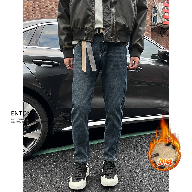 Entong美式高端休闲牛仔裤男士秋冬时尚加绒保暖修身直筒小脚裤潮