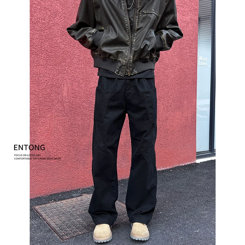 Entong美式cleanfit穿搭黑色休闲工装裤男生秋冬加绒微喇宽松裤子