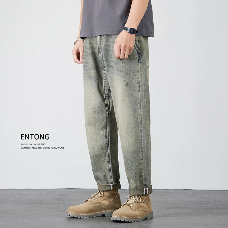 春季新款复古牛仔裤男潮牌宽松直筒黄泥染水洗做旧潮流裤子