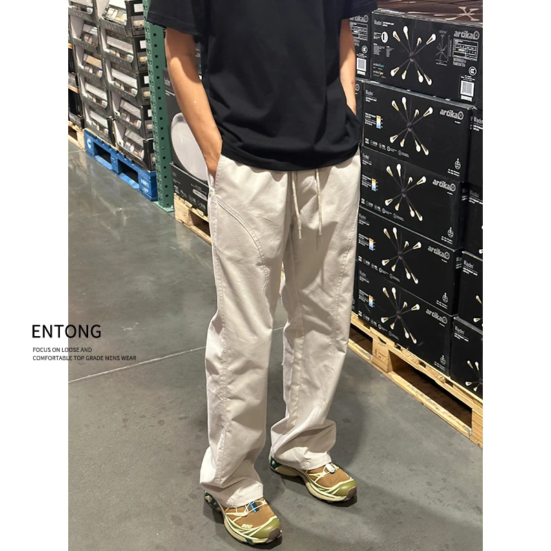 Entong美式直筒斜切裤子男款爆款2025新款潮流抽绳松紧腰休闲裤男