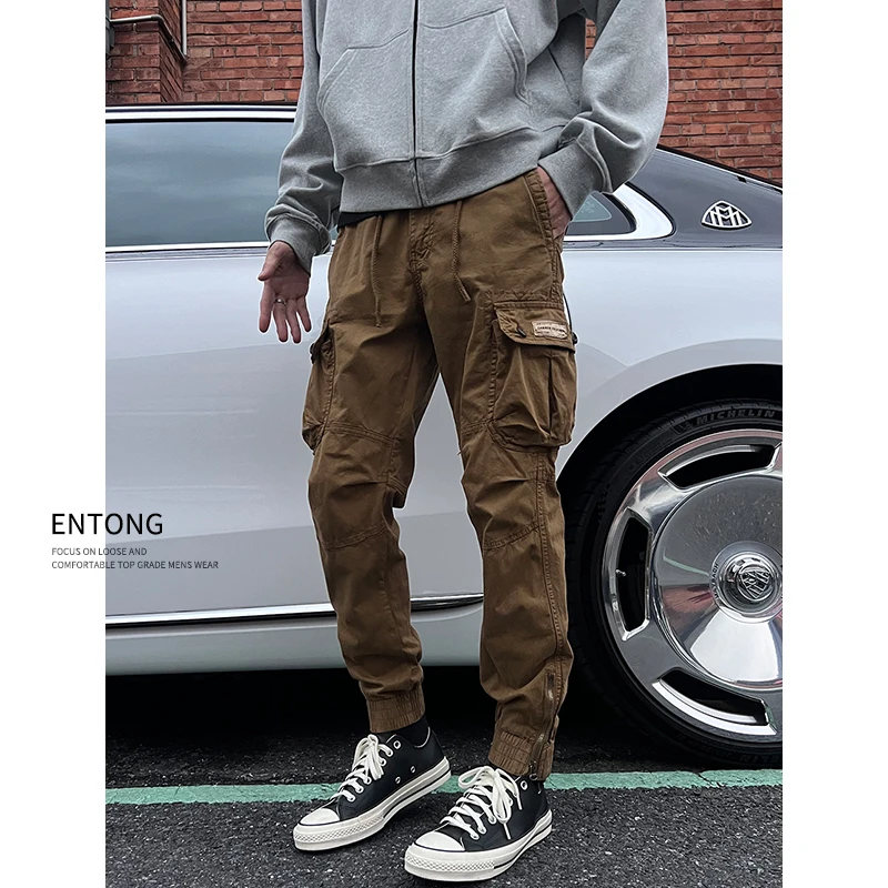 Entong美式工装裤男士潮牌直筒宽松多口袋束脚裤春秋休闲长裤子男