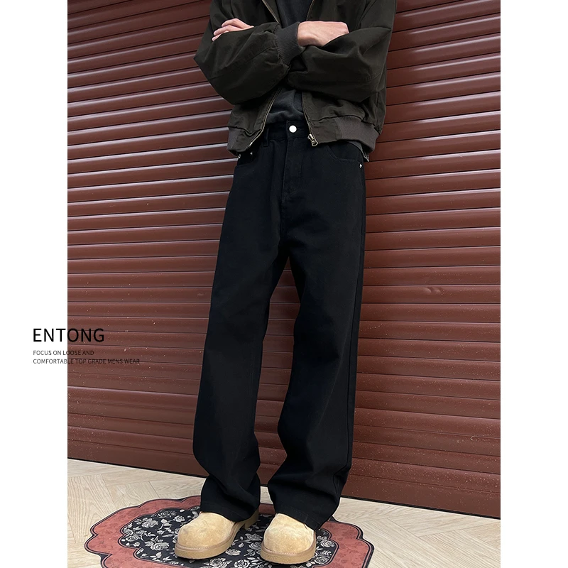 Entong美式黑色百搭微喇牛仔裤男生cleanfit宽松直筒百搭休闲长裤