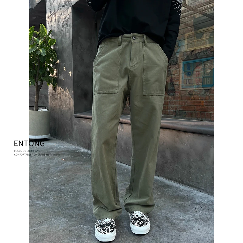 Entong美式复古cleanfit军绿色工装裤男生百搭宽松直筒休闲长裤子