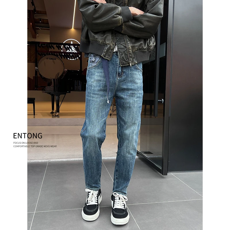 Entong美式休闲痞帅复古牛仔裤男士宽松直筒百搭弹力锥形小脚裤男