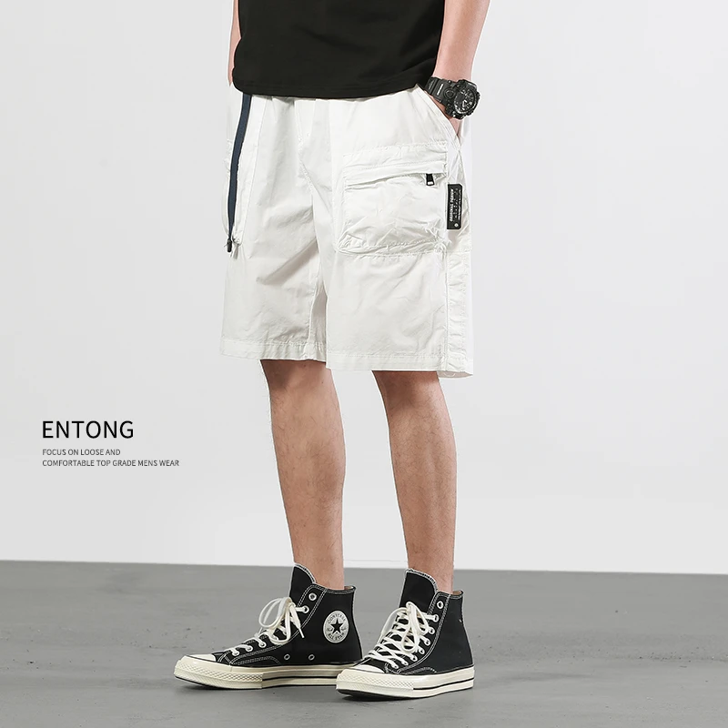 男士短裤夏季新款腰带设计工装马裤休闲宽松中裤男白色五分裤男款