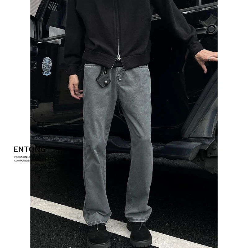 Entong美式复古灰色做旧水洗牛仔裤男生春秋潮牌百搭休闲直筒裤子